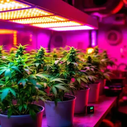 Autoflowering cannabis plants thriving under high-performance LED grow lights.