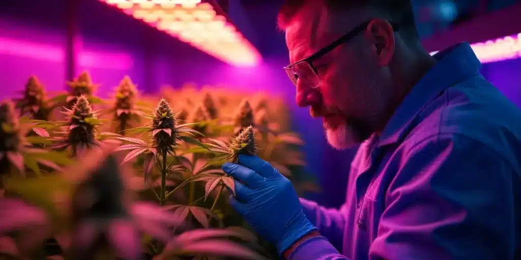 A cannabis grower examining flowering cannabis plants under high-intensity LED lighting, optimizing PPFD levels for maximum bud production.