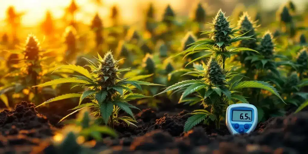 A cannabis field with a pH monitor displaying 6.5, ideal for flowering in soil-based grows.