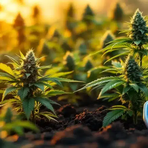 A cannabis field with a pH monitor displaying 6.5, ideal for flowering in soil-based grows.