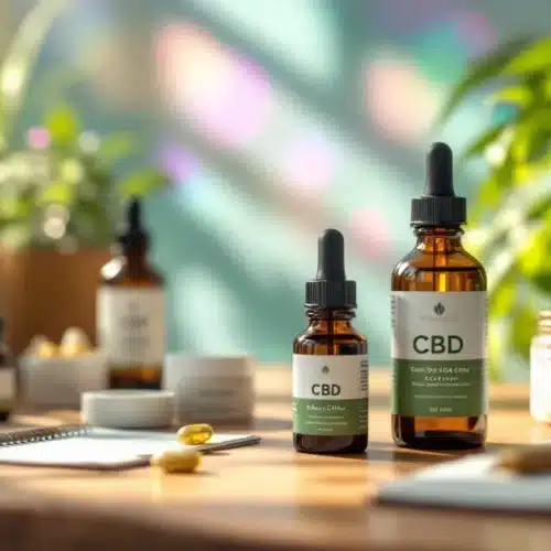 CBD oil bottles and capsules displayed on a wooden table with a natural background.