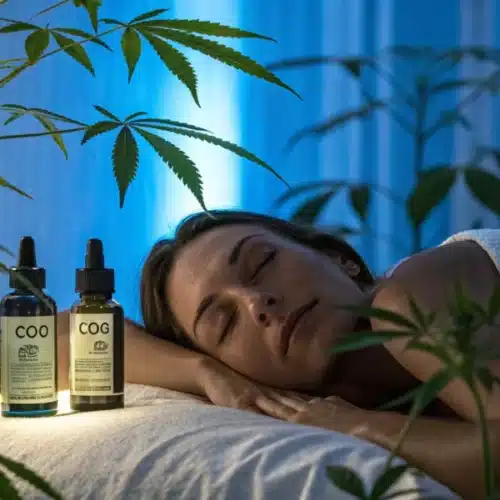 Woman sleeping peacefully on a massage table surrounded by cannabis plants, with CBD bottles softly illuminated under a calming blue light