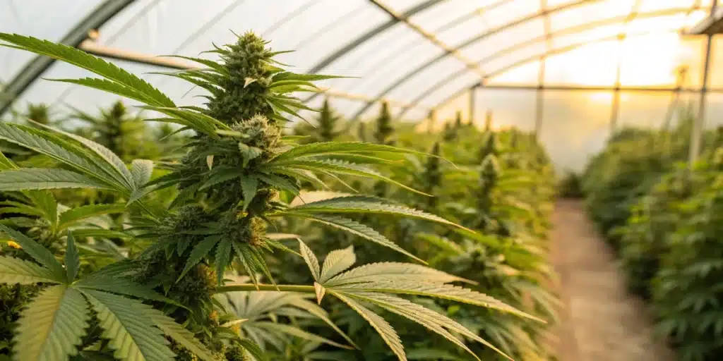 Lush cannabis plants in a sustainable greenhouse representing natural cannabis strains for anxiety relief.