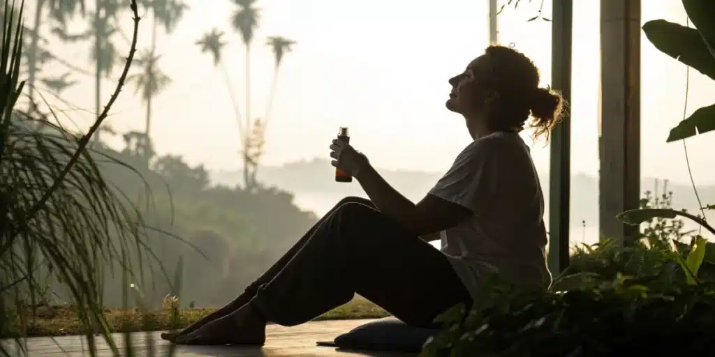 Person in a calm setting using cannabis oil for anxiety, symbolizing natural stress relief.