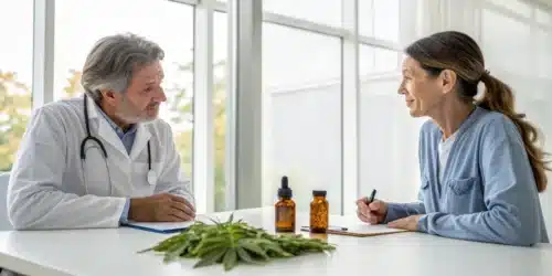 Patient and doctor discussing cannabis treatment for essential tremors with tinctures on display.