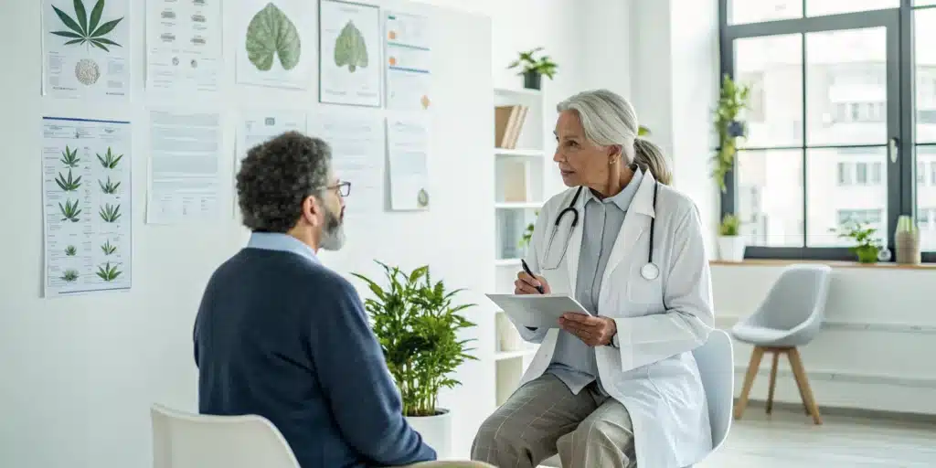 Doctor explaining cannabis treatment for parkinson's disease in a modern clinic setting.
