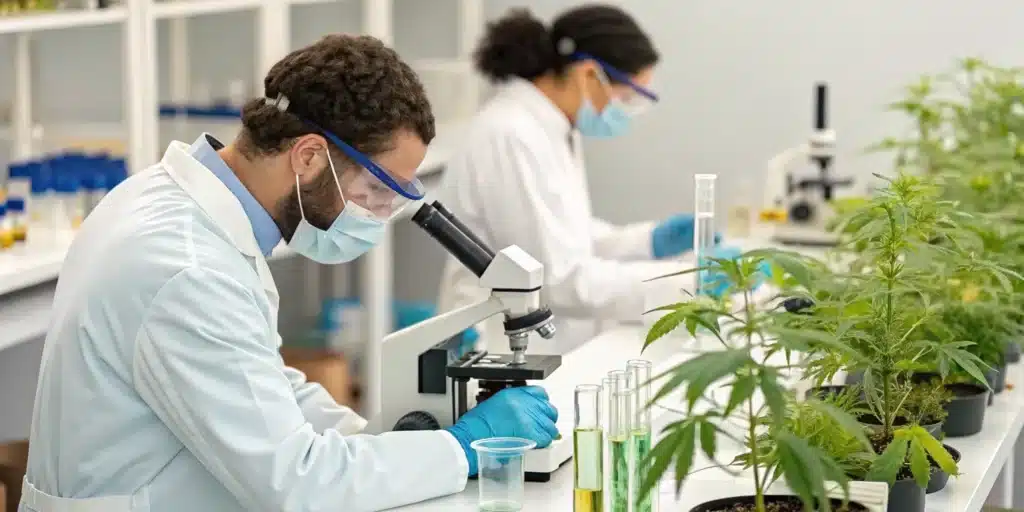 Laboratory setup with scientists studying cannabis extracts for cannabis treatment for parkinson's disease.
