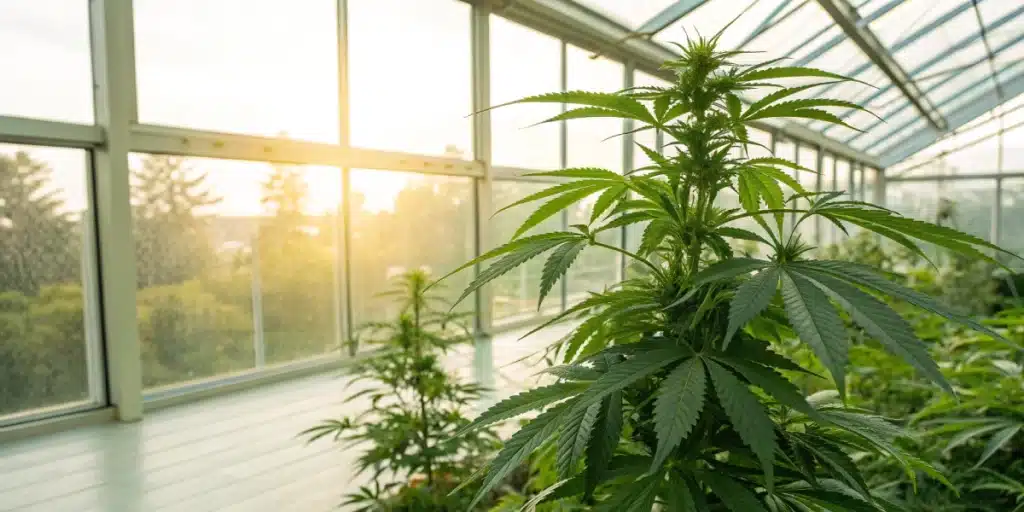 Bright greenhouse view of a cannabis plant representing cannabis treatment for parkinson's disease.