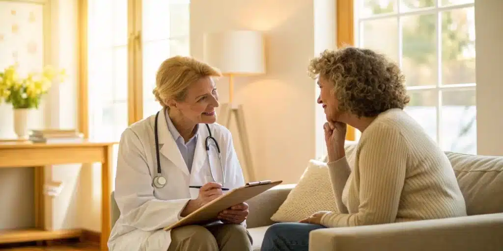 Doctor and patient in a bright office discussing cannabis treatment for prostate cancer options.