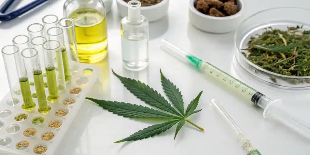 Laboratory setup with cannabis extracts illustrating cannabis treatment for prostate cancer research.