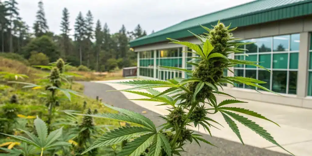 Vibrant cannabis plant representing cannabis treatment for prostate cancer in a modern clinical environment.
