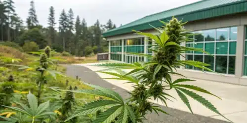 Vibrant cannabis plant representing cannabis treatment for prostate cancer in a modern clinical environment.
