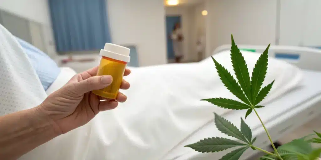 Patient’s hand with prescription and cannabis leaf illustrating cannabis treatment for seizures.