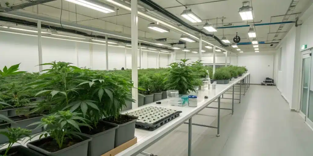 Interior of a dispensary with cannabis plants and equipment representing cannabis treatment for seizures.