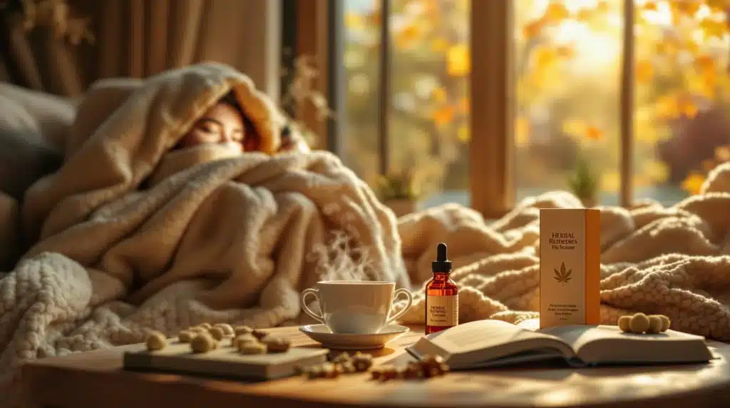 A cozy winter scene featuring a bottle of cannabis oil, herbal tea, and flu-relief supplements on a wooden table.