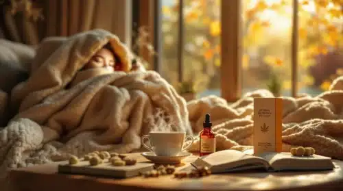 A cozy winter scene featuring a bottle of cannabis oil, herbal tea, and flu-relief supplements on a wooden table.