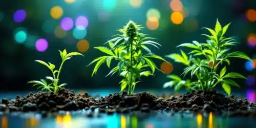 Cannabis seedlings growing in nutrient-rich soil with vibrant lighting.