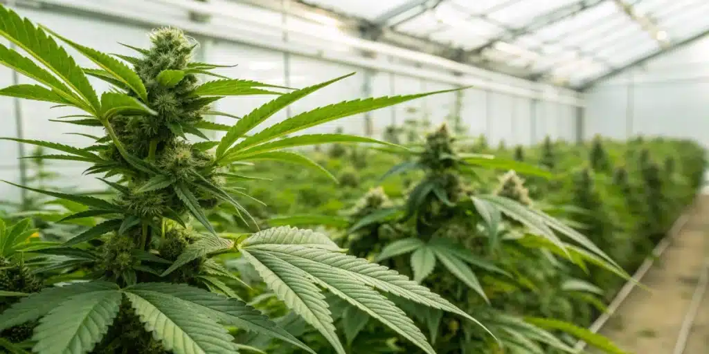  Indoor cannabis grow room with healthy plants cultivated for medical arthritis treatment.

