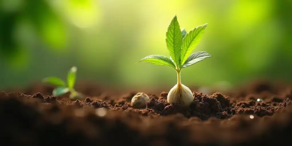 Close-up of an autoflowering cannabis seedling sprouting in soil