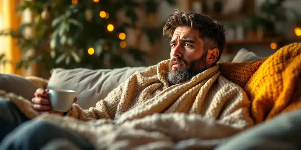 A man wrapped in a thick sweater, sitting on a couch with a concerned expression while holding a hot drink.