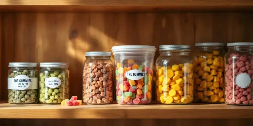 Colorful THC-infused gummies on a wooden surface with sugar dusting.