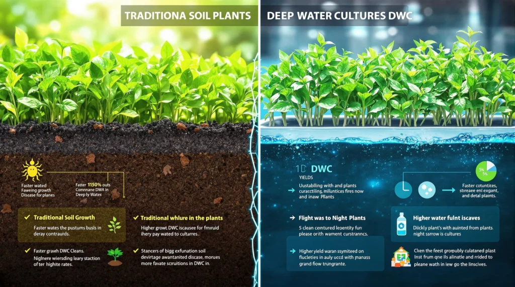 Infographic comparing traditional soil plants and plants grown in a deep water culture system, showcasing growth rates and nutrient efficiency.