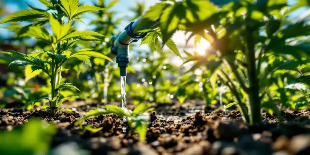 Close-up of a drip irrigation system watering cannabis plants outdoors.