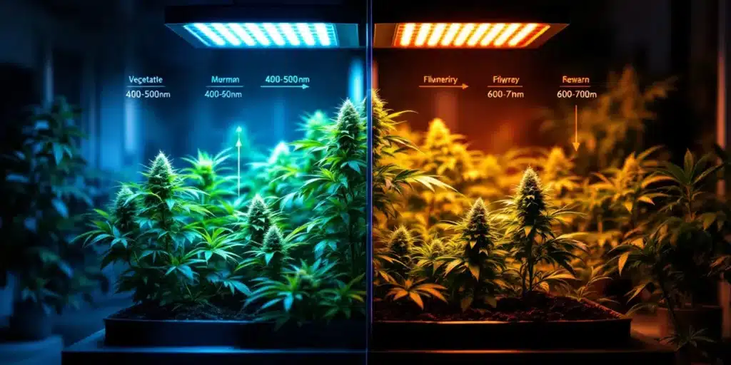 Marijuana plants under full-spectrum LED grow lights showing different growth stages.
