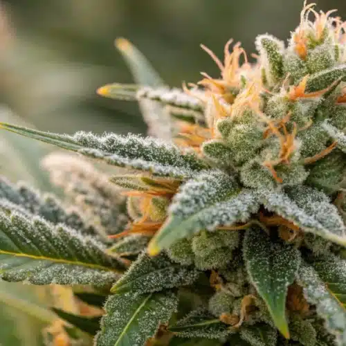 Close-up of a frost-coated Amnesia Haze cannabis bud with orange pistils, glowing softly in natural light