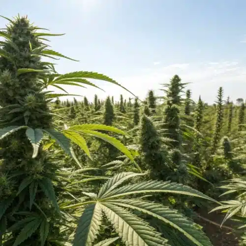 Large Amnesia Lemon Fast Version cannabis plants growing outdoors under bright sunlight, with densely packed colas