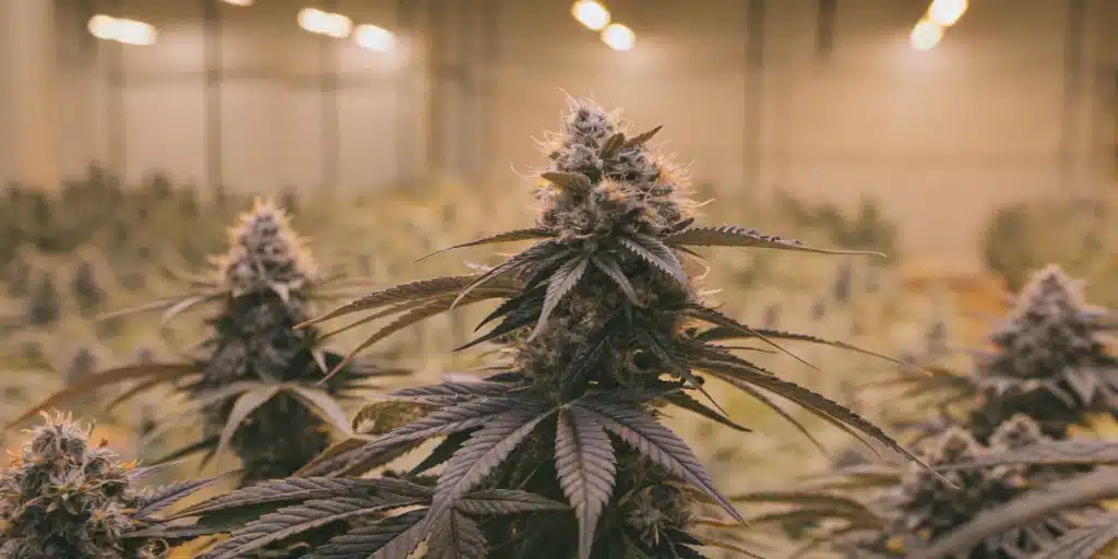 Fully mature Tropicana Cookies Purple Autoflower Strain plant with dense buds and purple hues in a large indoor cultivation room