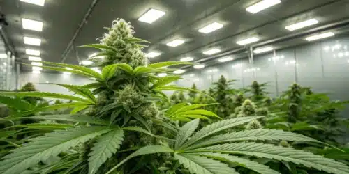 White Fire OG plant under indoor grow lights, featuring large, fully developed buds covered in white trichomes with wide green leaves
