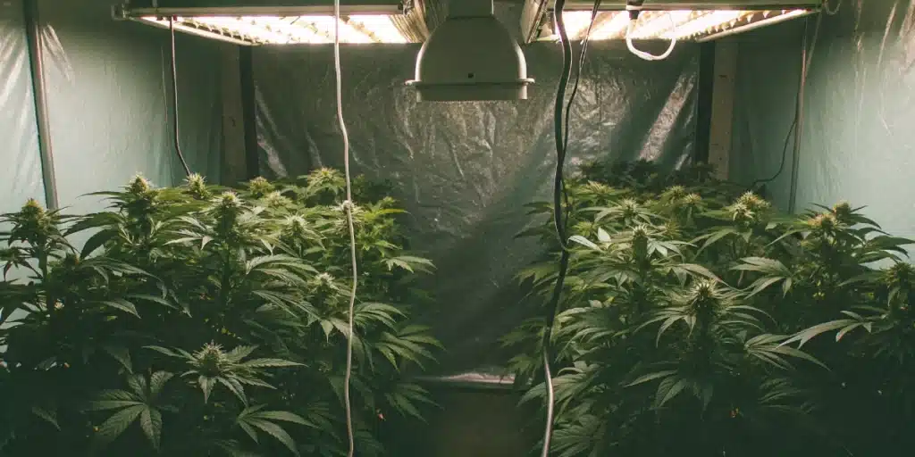 Indoor cannabis grow setup with multiple Red Skunk Kush Autoflower plants under bright ceiling lights
