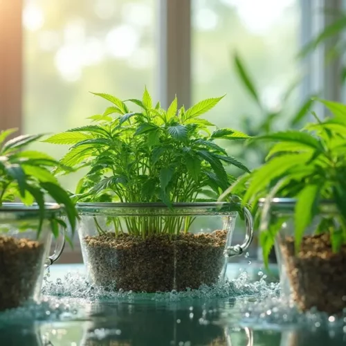 Three cannabis plants in glass containers with water and pebbles, showcasing an indoor deep water culture system.