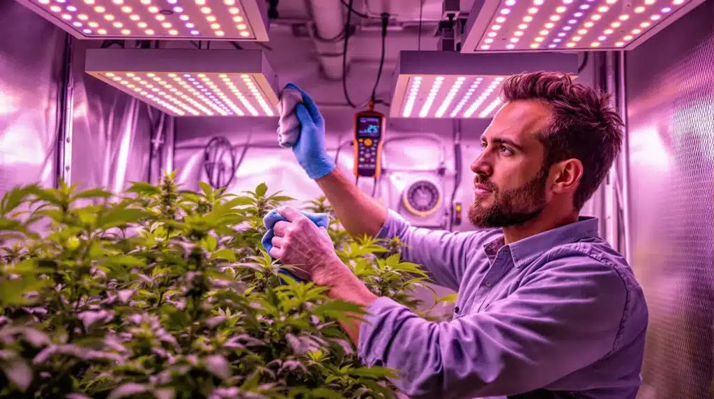 A grower adjusting high-efficiency LED grow lights over healthy marijuana plants.