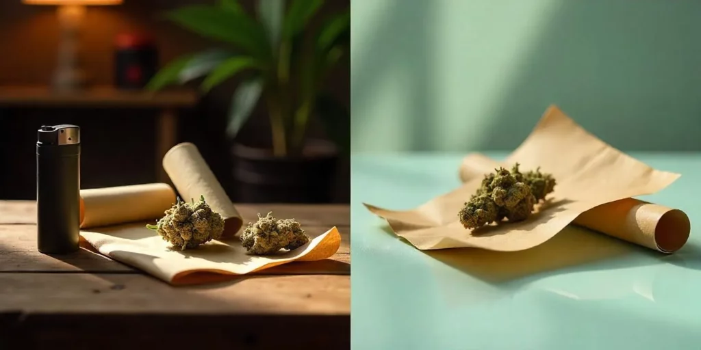 Natural rolling paper alternatives including hemp leaves and plant-based wraps, perfect for eco-friendly cannabis consumption.