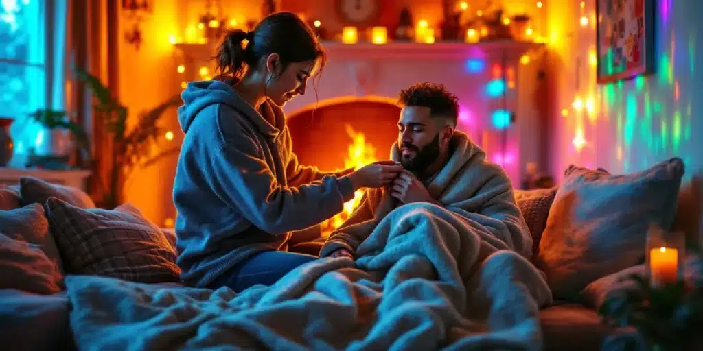 A couple sitting by a fireplace, wrapped in blankets, as one person hands a warm drink to another.