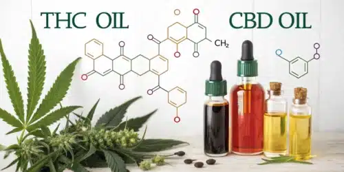 Dark amber THC oil in a dropper bottle placed alongside cannabis flower and seeds, highlighting extraction from the plant