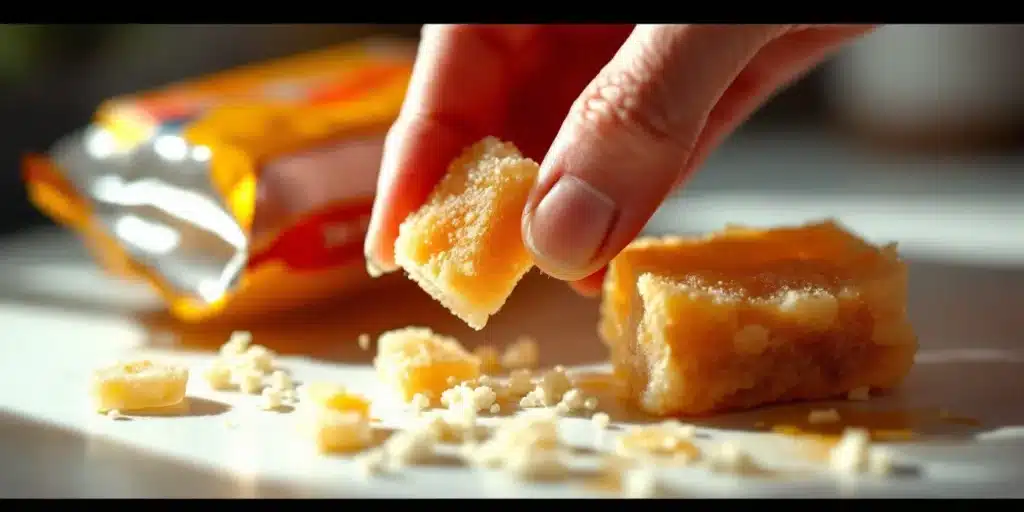 A person holding a broken THC gummy with sugar crystals.