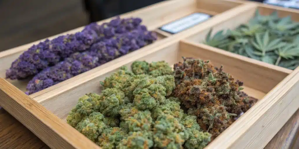 Wooden display tray holding various cannabis buds, including purple and green strains, with fresh leaves arranged nearby