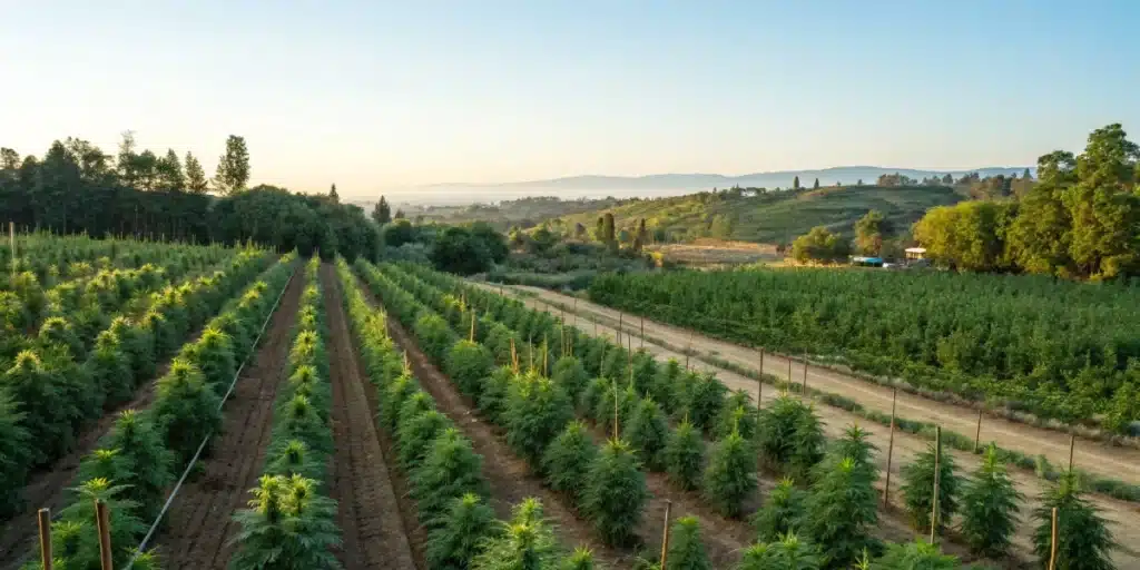 Lush, sustainable cannabis farm highlighting best cannabis strain for cancer treatment in a natural setting.