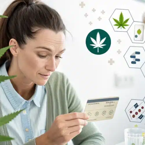 Focused woman holding a medical cannabis card, surrounded by digital icons depicting cannabis and healthcare, with a cannabis plant in the foreground