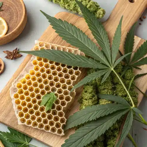 Cutting board with honeycomb, cannabis leaves, and various fresh ingredients like lemon, cherry tomatoes, and herbs, highlighting cannabis honey preparation