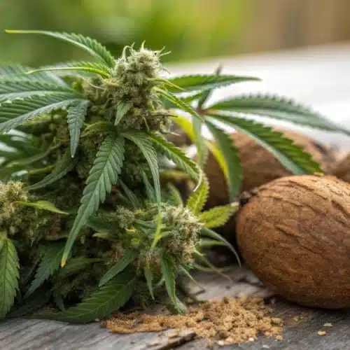 Close-up of cannabis buds paired with coconuts, illustrating the preparation of cannabis-infused coconut oil.