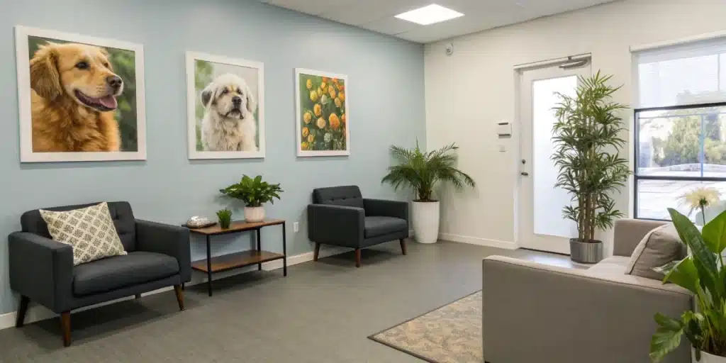 Veterinary consultation room with displays on alternative anxiety treatments, advising against cannabis treatment for dogs.