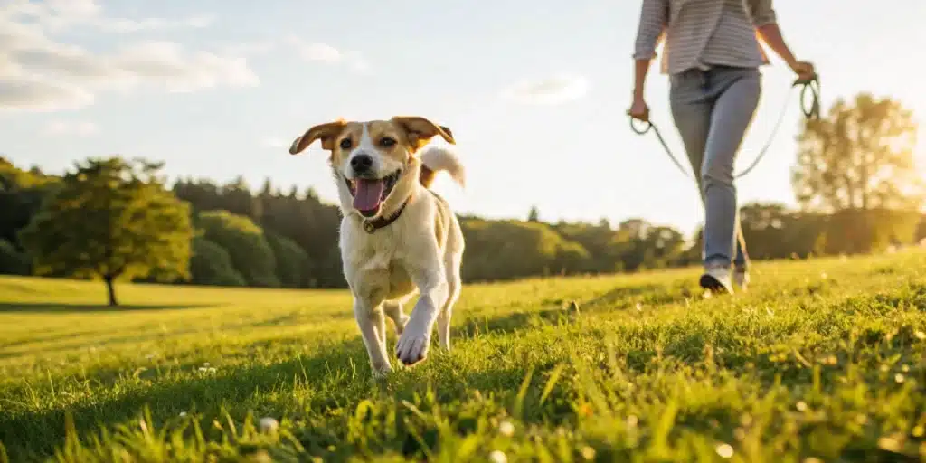 Happy dog playing outdoors, representing safe anxiety management without cannabis treatment for dogs.