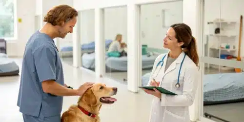 Veterinarian advising pet owner on safe anxiety treatments, underscoring that cannabis treatment for dogs is not recommended.