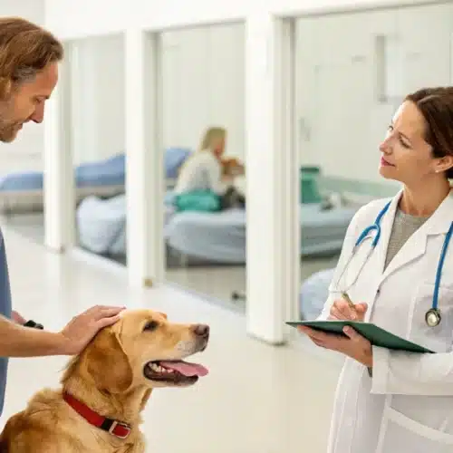 Veterinarian advising pet owner on safe anxiety treatments, underscoring that cannabis treatment for dogs is not recommended.