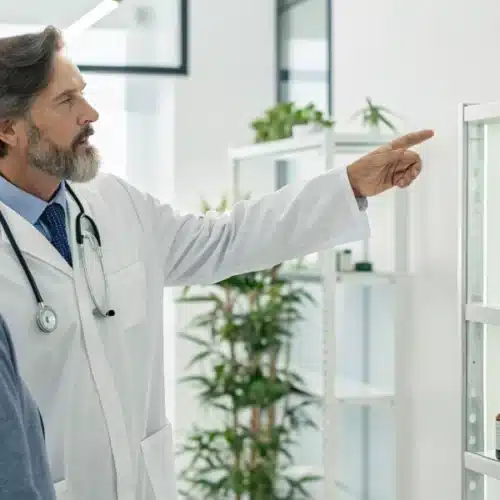 Doctor discussing cannabis for lung cancer treatment with a patient in a contemporary medical setting.