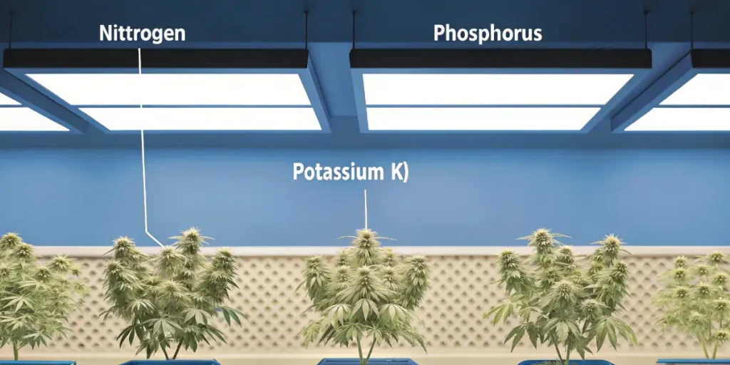 Indoor cannabis plants in a grow room with labeled nutrients nitrogen, phosphorus, and potassium above the canopy

